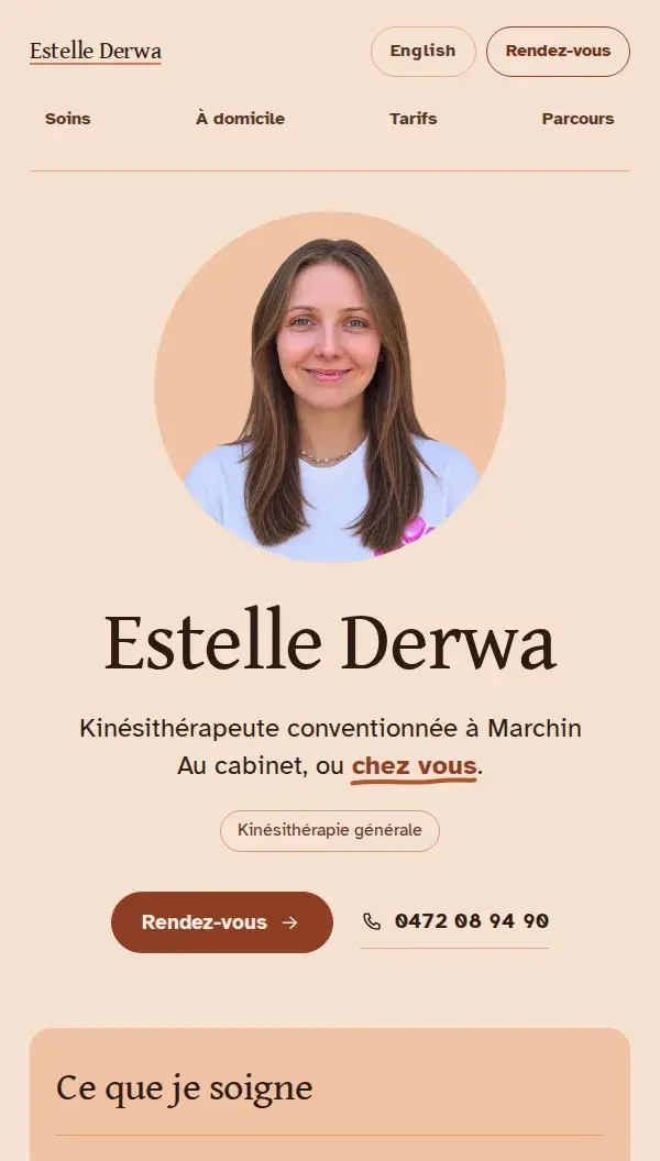 Mobile homepage of the Estelle Derwa physiotherapy website